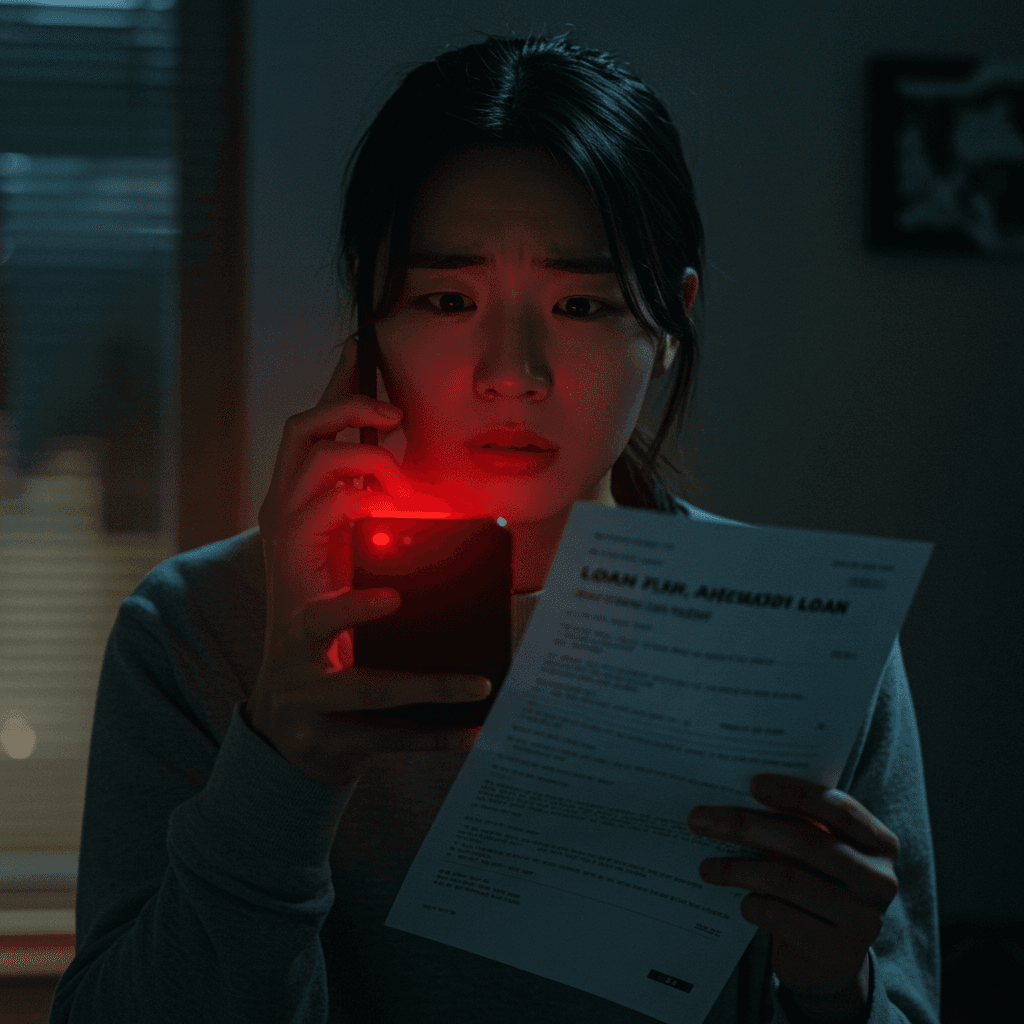 Phone with a masked figure on the screen, dark and ominous colors, voice phishing concept illustration